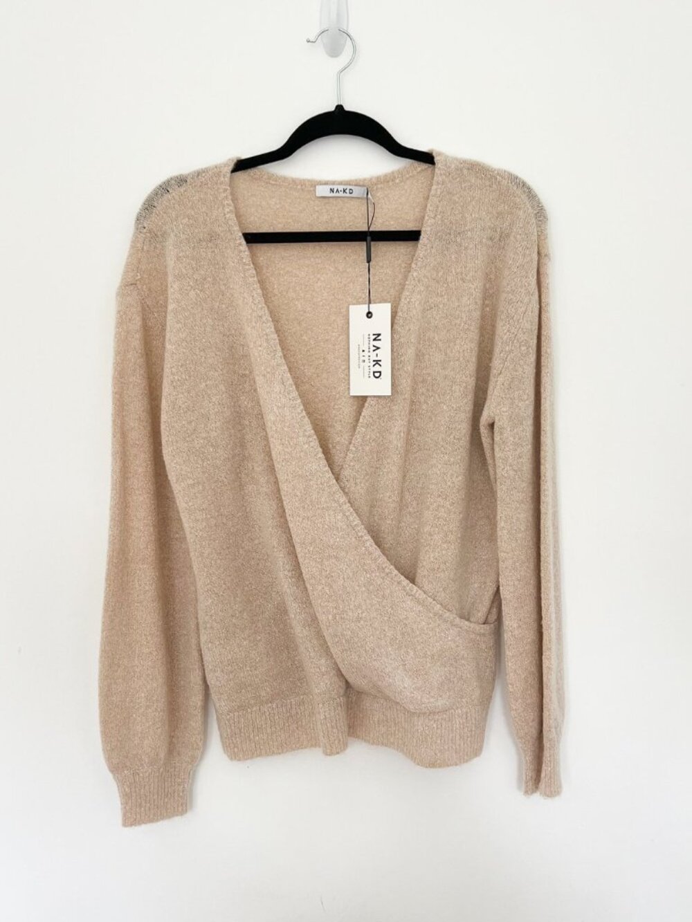 NA-KD V-Neck Overlap Wrap Front Knit Sweater Beige NWT